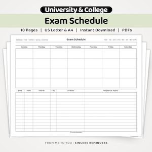 May include: A black and white printable exam schedule template featuring a weekly calendar grid and a detailed course tracking table. The document includes headers for semester, year, date, time, course, percentage, location, and chapters and topics.
