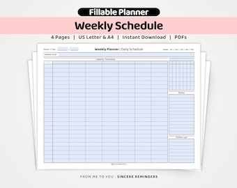 Weekly Planner and Schedule Template: Week at a Glance, Undated Timetable, Task Organizer and Priorities List (FILLABLE A4/US Letter PDF)