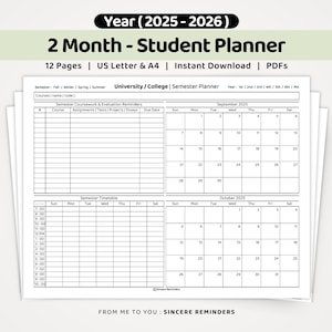 Könnte beinhalten: Ein 2-Monats-Studentenplaner für 2025-2026 mit einem Semester-Layout für die Universität. Das Dokument enthält eine Tabelle für Kurs- und Bewertungs-Erinnerungen, einen Semester-Stundenplan mit stündlichen Zeitfenstern und zwei Monatskalender für September und Oktober.