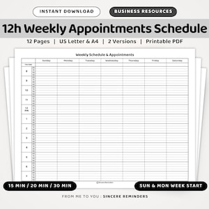 Planificador de citas semanales de 12 horas: Planificador horario imprimible, inicio domingo y lunes, incrementos de 15/20/30 minutos (PDF tamaño A4/Carta estadounidense)