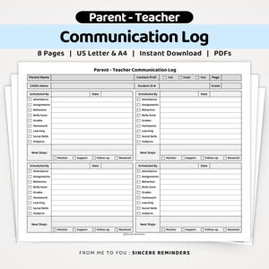Lärarens kommunikationslogg: Anteckningar från föräldramöten, kontaktuppgifter till mamma och pappas skola, möteslogg för klassrummet (A4/US Letter PDF)