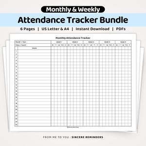 Può includere: Un pacchetto di monitoraggio delle presenze mensile e settimanale con 6 pagine in formato US Letter e A4. Il documento include una griglia per tracciare le presenze con colonne per settimane e giorni, e righe per i nomi numerate da 1 a 25. Testo: Monthly & Weekly Attendance Tracker Bundle, 6 Pages, US Letter & A4, Instant Download, PDFs, Sincere Reminders.