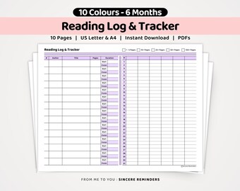 Reading Log and Tracker Template: 6 Month Habit Page, Monthly Book Journal Sheet, Genre Challenge Record, 10 Colour Chart (A4/US Letter PDF)
