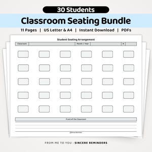 May include: A digital classroom seating bundle for 30 students featuring 11 pages in US Letter and A4 sizes. The document includes a grid for student seating arrangements, a header for classroom details, and a designated area for the front of the classroom.