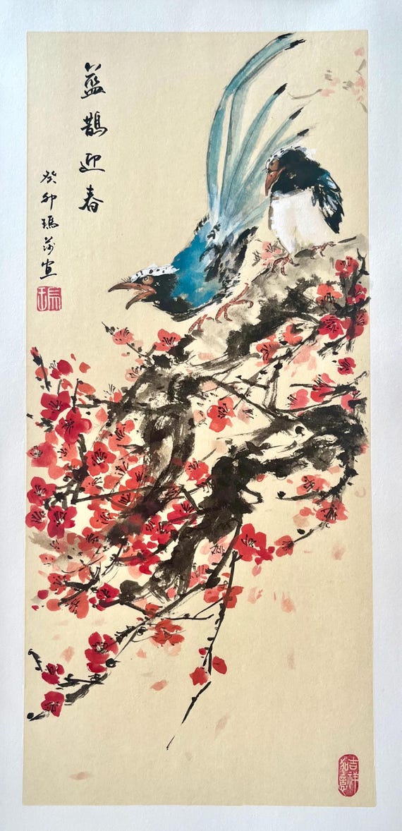 Sakura blossom and two magpies
