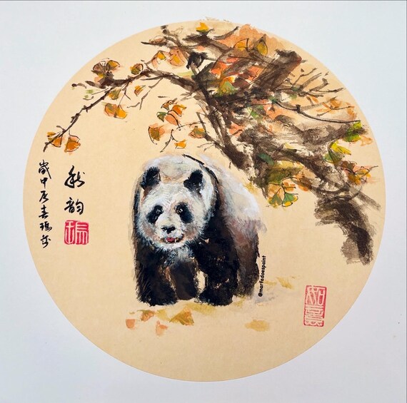 Surprised panda with ginko tree