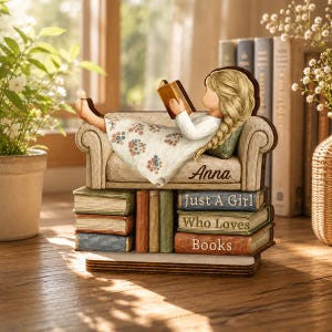 May include: A decorative figurine of a blonde person reading a book while reclining on a miniature sofa perched atop a stack of books. The sofa is inscribed with the name Anna, and the books feature the text Just A Girl Who Loves Books.