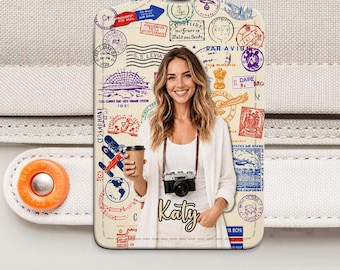 Custom Photo Luggage Tag, Personalized Passport Stamp Suitcase Tag, PU Leather Travel Gift
