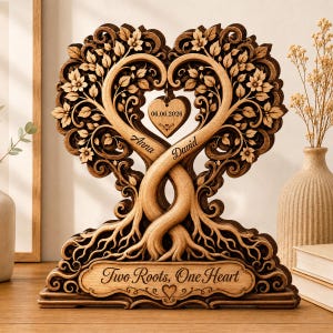Op de afbeelding: Een lasergesneden houten sculptuur van twee verstrengelde bomen in de vorm van een hart. Het object bevat een hangende hartvormige hanger met de gravure 06.06.2026, de namen Anna en David, en de tekst Two Roots, One Heart op de voet.