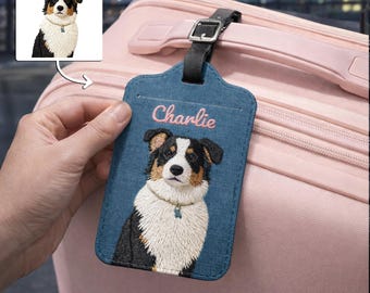 Custom Pet Photo Luggage Tag, Embroidery Effect, Personalized Travel Accessory