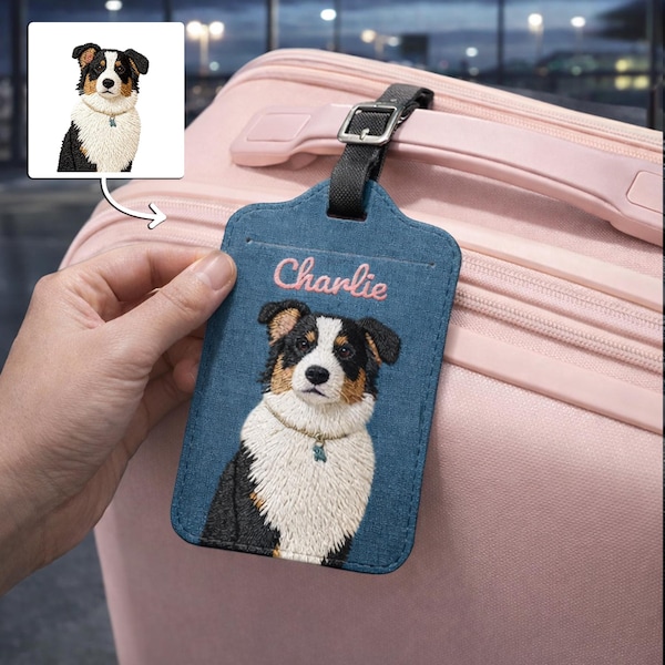 ペットの写真入りカスタムラゲッジタグ、刺繍効果、パーソナライズされた旅行アクセサリー