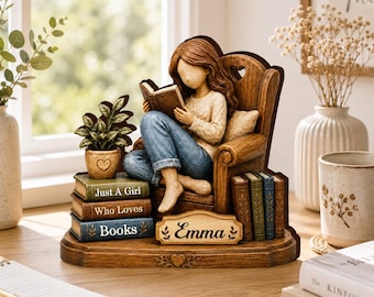 Plaque en bois personnalisée avec impression 2D représentant une fille lisant, décoration intérieure vintage en résine, style bois sculpté