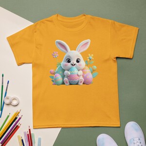 Niedlicher 3D Cartoon Osterhase & bunte Eier | Oster T-Shirt für Kinder