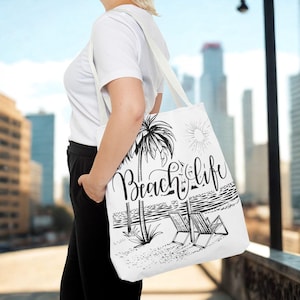 Beach Life Tote Bag | Black and White Beach Illustration Bag | Coastal Summer Tote | Minimalist Beach Bag for Women
