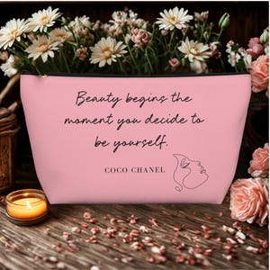Inspirational Beauty Quote Pouch | One-Line Art Zipper Cosmetic Bag | Pink S1
