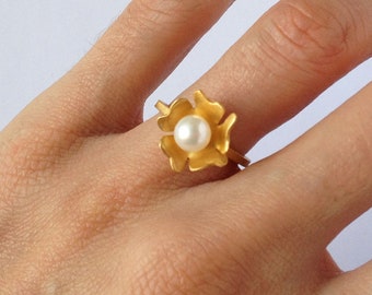 24K gold plated sterling silver white pearl flower ring silver pearl ring gold flower ring gold pearl ring fresh water pearl solitaire ring