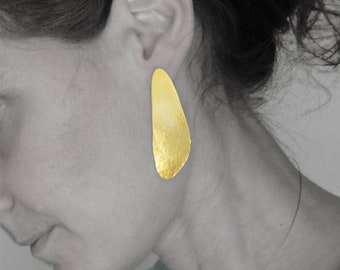 Gold organic earrings, gold petal earring, handmade  24ct gold plated bronze hammered earrings, gift for her