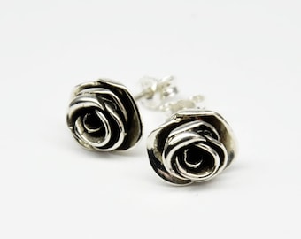 silver rose earring studs, sterling silver flower studs, romantic flower earrings, dainty rose studs, oxidized rose earrings, gift for her