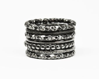 black silver stacking rings, stackable rings, mixed silver stack rings set, stacking rings set, stack rings, stackable rings set