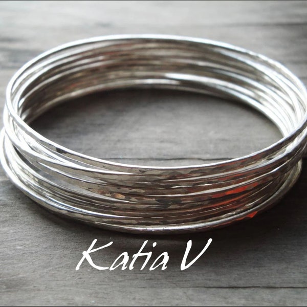 silver bangle bracelet set for woman , handmade sterling silver bangles, set of 10, set of 5, silver hammered bangle bracelets gift for her