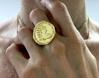 silver roman coin ring, gold statement ring, gold plated silver ring, replica coin ring, gift for her, gift for mom