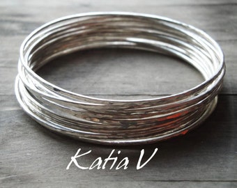 silver bangle bracelet set for woman , handmade sterling silver bangles, set of 10, set of 5, silver hammered bangle bracelets gift for her