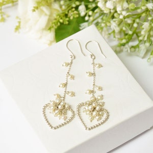 silver pearl bridal earrings, boho pearl wedding earrings, statement earrings, chandelier earrings, unique pearl bridal earrings boho bridal image 3