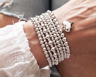 Pulsera elástica con cuentas de plata de ley 925 • pulseras apiladas de plata para mujer • regalo del Día de la Madre para su pulsera de bolas de cuentas de plata de 3 mm