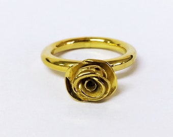 gold plated bronze rose ring, gold statement ring, statement jewelry, gold flower ring, gold rose ring, romantic ring, gold rose ring