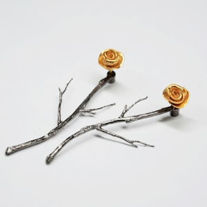 black twig earrings silver branch jewelry branch earrings silver ear jackets GOLD rose earrings gold rose ear studs gift for her image 1