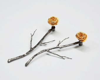 black twig earrings silver branch jewelry branch earrings silver ear jackets GOLD rose earrings gold rose ear studs gift for her