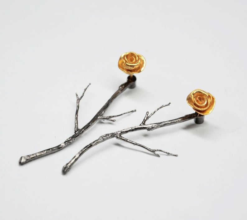 black twig earrings silver branch jewelry branch earrings silver ear jackets GOLD rose earrings gold rose ear studs gift for her image 1