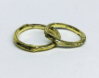 K14 gold twig rings, gold wedding rings,branch tree bark rings - gold twig wedding band rings - gold wedding rings -K14 gold ring set of 2