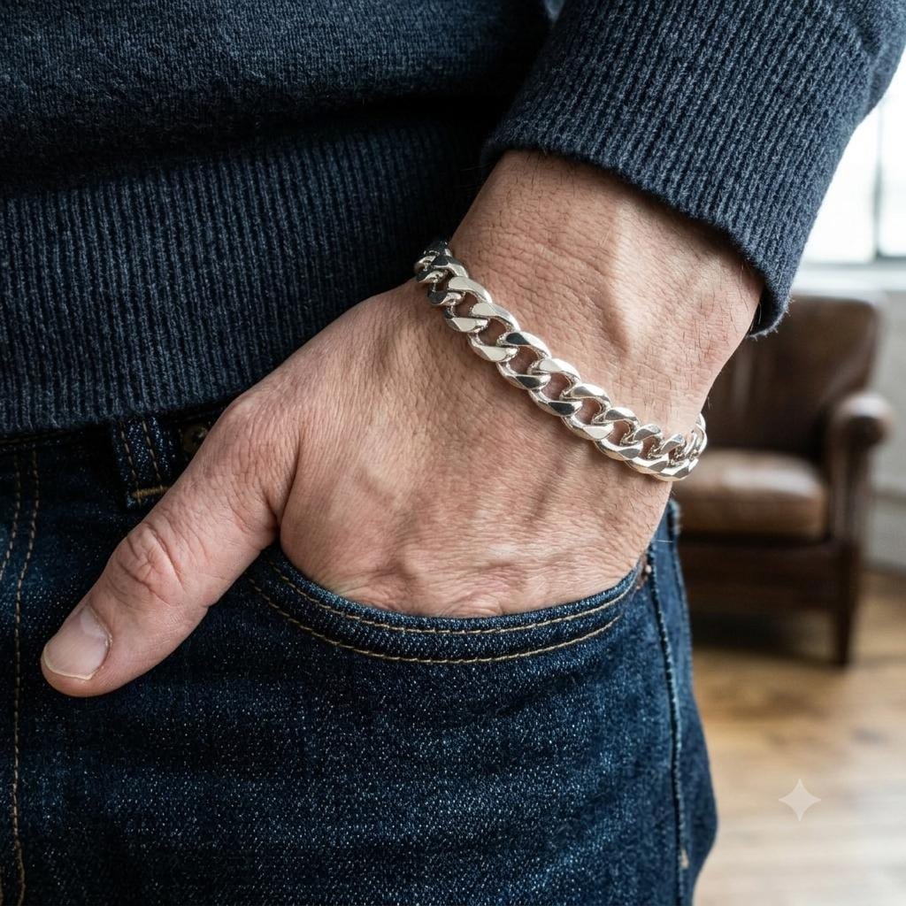 Vintage Silver 925 ブレスレット Chain Bracelet 8.5mm Solid Sterling Silver 925 Curb Chain Bracelet • Unisex