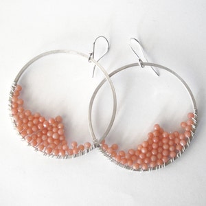 wire wrapped sterling silver hoop earrings pink peach coral beads image 1