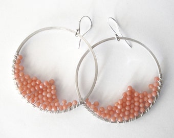 wire wrapped sterling silver hoop earrings pink peach coral beads