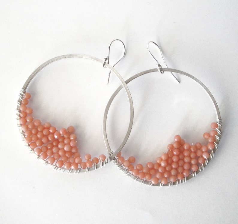 wire wrapped sterling silver hoop earrings pink peach coral beads image 1