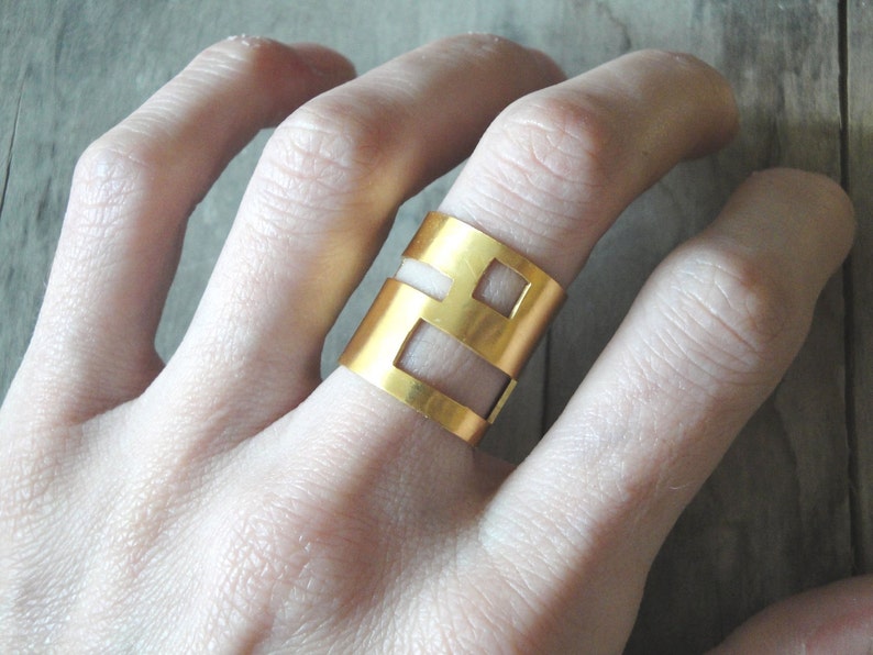 gold statement ring, 24 ct gold plated bronze geometry minimalistic handmade ring, made to order image 4