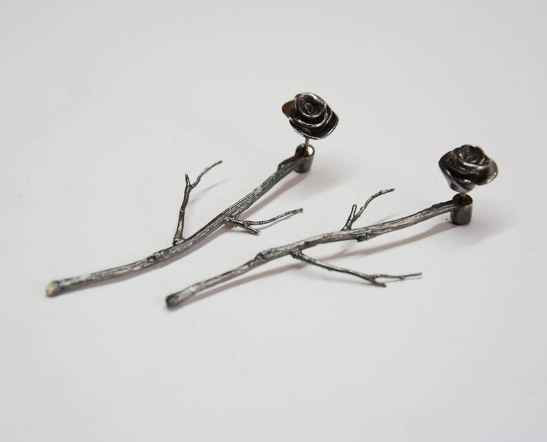 silver rose earjackets, rose gold ear jacket, silver branches earrings, roses earrings, front back earrings, rose studs flower gift for her image 7