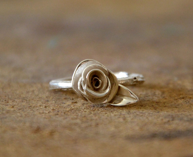 silver rose ring, silver twig ring, silver branch ring, sterling silver rose ring, silver leaf rose engagement ring, gift for her image 2