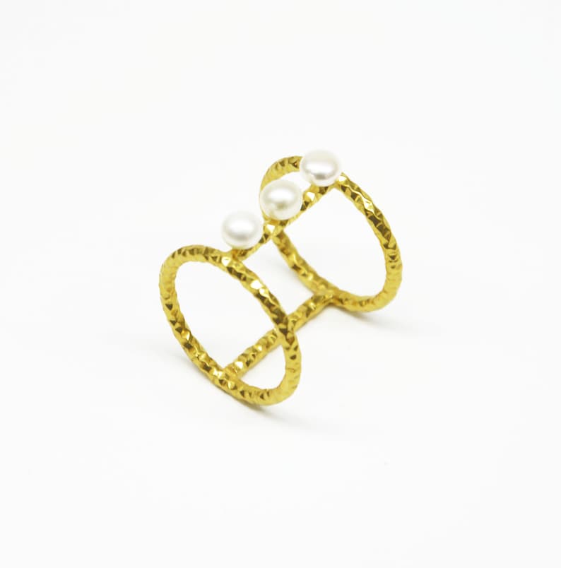 Gold Statement Ring Gold Pearl Ring Gold Plated Silver Ring Etsy