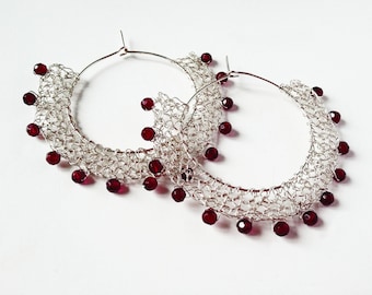 burgundy sterling silver wire crochet hoop earrings - garnet burgundy beads - birthday gift - handmade dainty crochet earrings