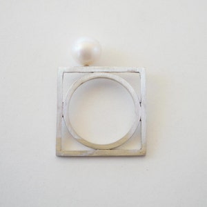 solitaire silver pearl ring,white pearl wedding ring, silver rectangle ring, fresh water pearl ring,geometry ring, architectural ring image 3