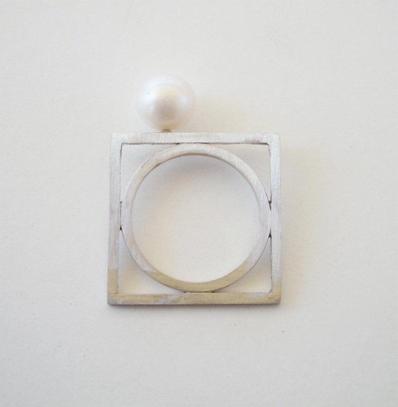 solitaire silver pearl ring,white pearl wedding ring, silver rectangle ring, fresh water pearl ring,geometry ring, architectural ring image 3