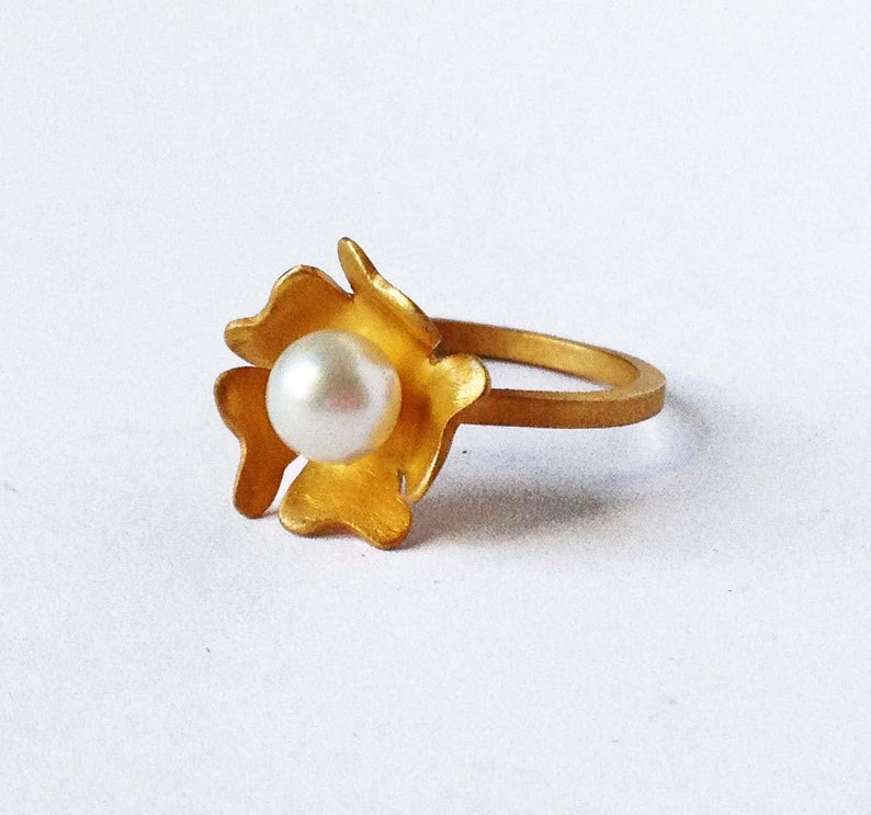 24K gold plated sterling silver white pearl flower ring silver pearl ring gold flower ring gold pearl ring fresh water pearl solitaire ring image 2