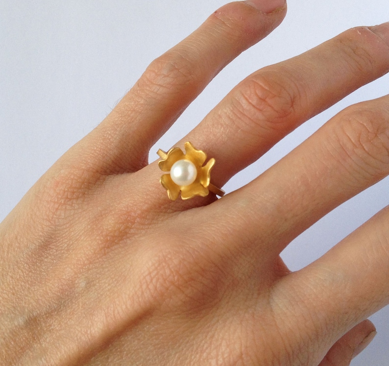 24K gold plated sterling silver white pearl flower ring silver pearl ring gold flower ring gold pearl ring fresh water pearl solitaire ring image 1