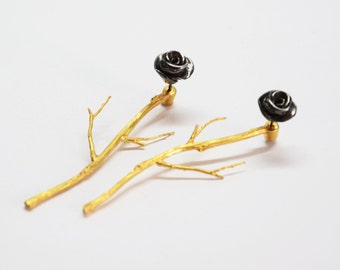 Sterling silver ear jackets, sterling silver rhodium plated rose earrings, gold branches earrings,silver rose ear studs