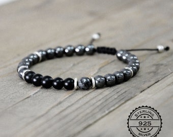 matte black onyx beaded bracelet for men, hematite silver mens bracelet, unisex gift bracelet, adjustable gemstone healing bracelet for men