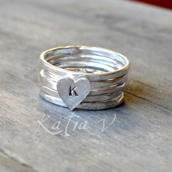 personalized stacking rings, initial letter stacking rings, heart stackable rings,initial jewelry monogram heart ring ,silver stacking rings