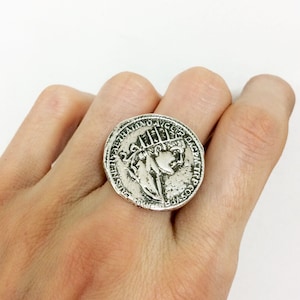 großer Ring, alter römischer Silbermünzenring, Sterling Silber Ring - Geschenk für sie, Geschenk für Mutter,